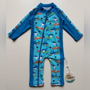 Caden Lane Baby Long-Sleeve Full Length Rashguard Swimsuit, Shark Surf - 3-6M